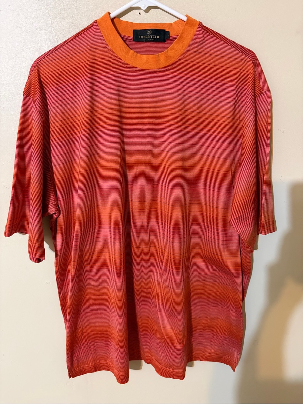 Bugatchi Uomo Men's L Regular Fit Striped Crew Neck SS T-Shirt Orange/Red